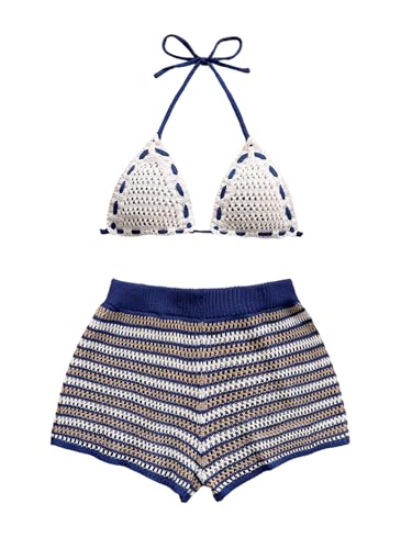 GORGLITTER Womens 2 Piece Striped Crochet Bikini Sets Halter Tie High Waisted Shorts Swimsuits Blue L