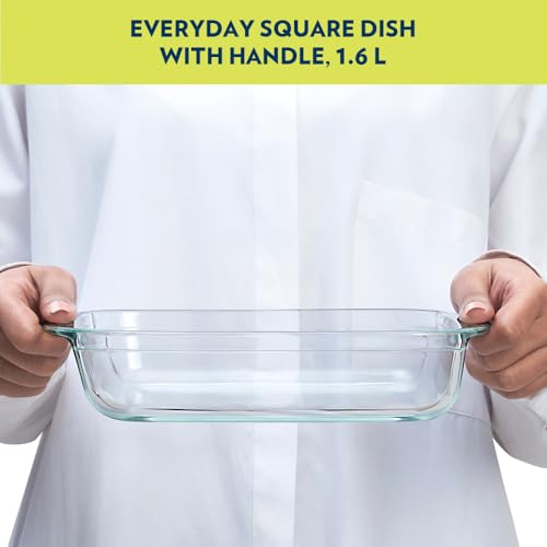 Image of Borosil Baking & Serving Dish with Handle | Square Bowl Container | Borosilicate Glass Bakeware and Serveware Casserole Dish Tray | Microwave, Oven & Dishwasher Safe | Transparent (1.6L)