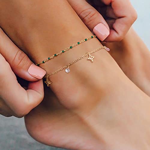 Image of MTMY Gold Anklets for Women 14K Gold Plated Tiny Bead Anklet Colorful Tassel Foot Chain Dainty Adjustable Cute Summer Beach Boho Anklets Jewelry Gift