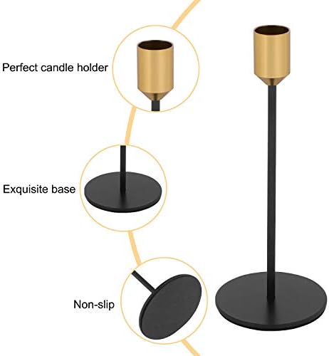 2Pcs Candlestick Taper Holders Dinner Candle Holder Candelabrum Iron Metal Candelabras Chamberstick Candlelight Stand for Valentine Christmas Halloween Dining Room Wedding Decoration (Black+Gold)