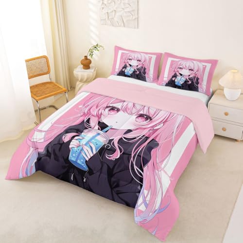 Image of Erosebridal 3D Japanese Kids Comforter Set | Anime Girl Drinking Milk Tea Bedding King,Cute Kawaii Girly Down Comforter Modern Fashion Aesthetic Duvet Set for Bedroom