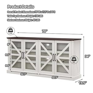 Farmhouse Buffet Cabinet with Storage, 70" Wood Rustic Sideboard Buffet Cabinet w/4 Glass Barn Doors & Adjustable Shelf, Coffee Bar Cabinet for Kitchen, Dining Room, Living Room (White) Farmhouse Buffet Cabinet with Storage 70 Wood Rustic Sideboard Buffet Cabinet w4 Glass Barn Doors Adjustable Shelf Coffee Bar Cabinet for Kitchen Dining Room Living Room White