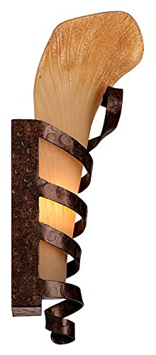 Image of Franklin Iron Works Solara Farmhouse Rustic Wall Light Sconces Set of 2 Rust Hardwired 10 inch Fixture Iron Ribbon Scavo Art Glass for Bedroom Bedside Bathroom Vanity Living Room Hallway Dining House