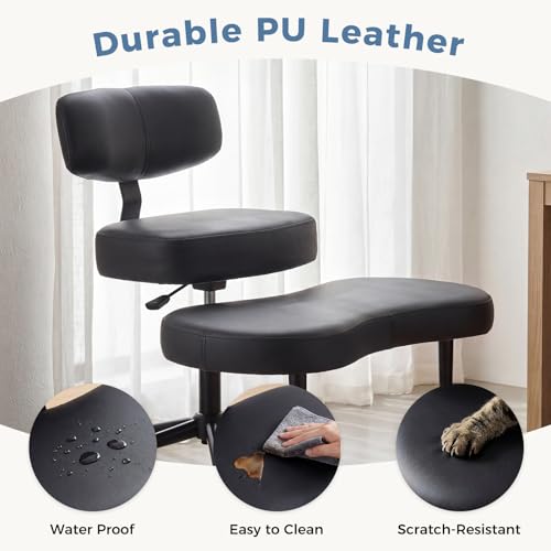 Image of DUMOS Ergonomic ADHD Cross Legged Office Desk Chair with Adjustable Backrest, Height Adjustable Meditation Chair with 360 Swivel Footstool, PU Leather Yoga Stool for Home Office, PU Black