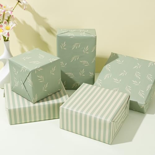 ZINTBIAL Reversible Gift Wrapping Paper Roll - Light Green Background with Beige Leaves - Green Stripe Design - for Birthdays,Weddings,Baby Showers,Mother\'s Day,Christmas - 17.5\" x 33\' (48 sq. ft.) - Thumbnail 3