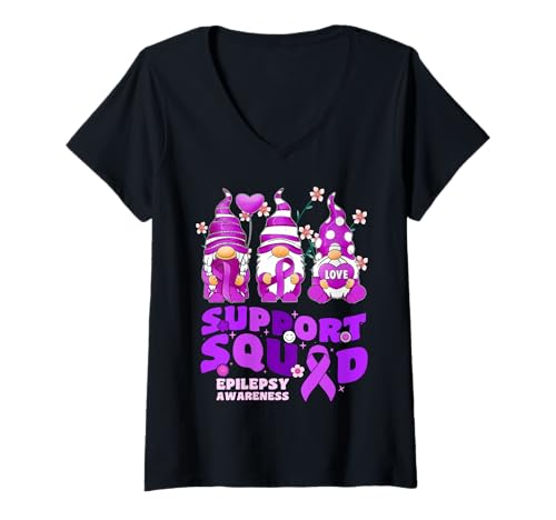 Womens Support Squad Epilepsy Awareness Gnome Ribbon Flower Groovy V-Neck T-Shirt
