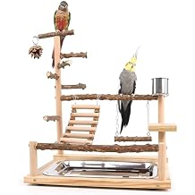 RoseFlower Bird Playground, Parrots Wooden Playstand, Birdcage Playground Play Gym Parakeet Playpen Ladder with Feeder Cup and Tray, Bird Toys Swing Exercise Toy