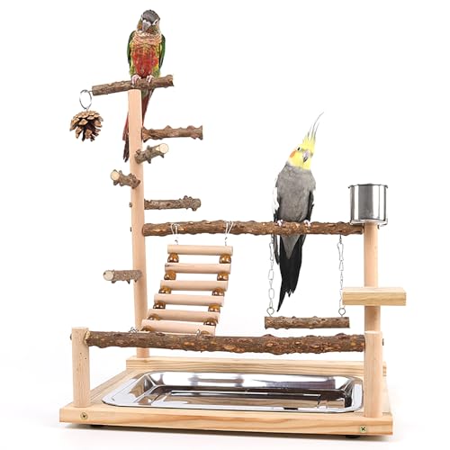 Image of RoseFlower Bird Playground, Parrots Wooden Playstand, Birdcage Playground Play Gym Parakeet Playpen Ladder with Feeder Cup and Tray, Bird Toys Swing Exercise Toy