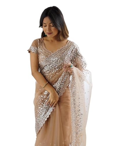 Image of SIRIL Women's Net Sequence Embroidered Saree With Unstitched Blouse