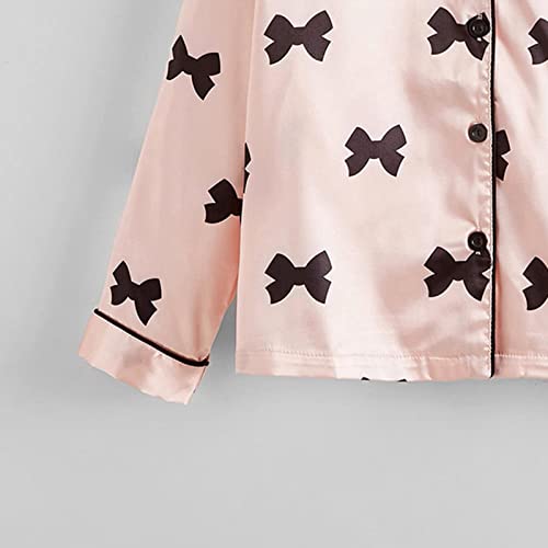 Girl Kids Summer Silk 𝐏ajamas Set Long Sleeve Button Down Tops Pants Bow Prints 2 Piece Outfits Cozy Satin Sl𝐞epwear3