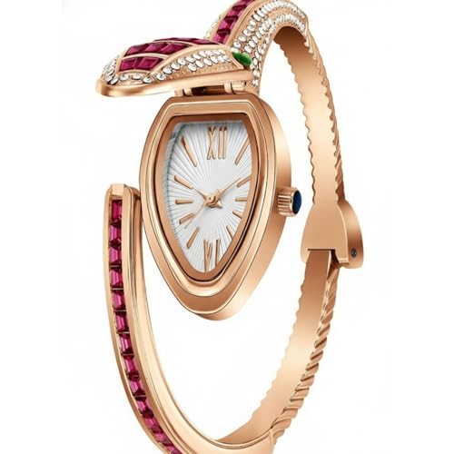 Image of Women's Gold Bracelet Watch | Snake Coil Cuff Style | Crystal Studded Oval Dial | Elegant Jewellery Watch for Women & Girls | Party, Wedding & Festive