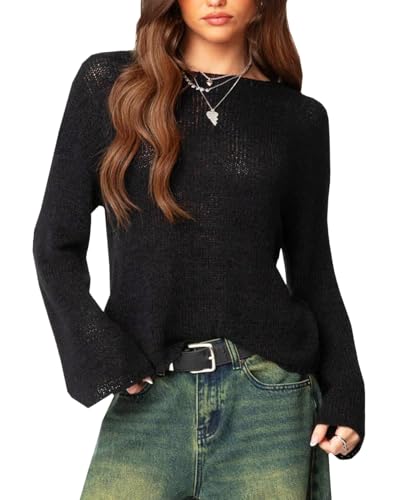 Navneet Women Boat Neck Long Sleeve Lightweight Sheer Sweater Pullover See Through Knit Poncho Top