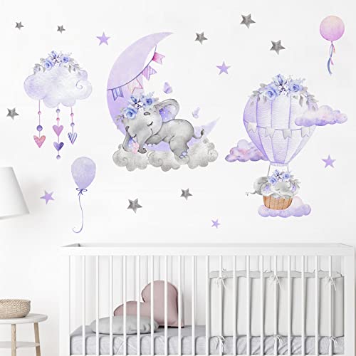 Image of Yovkky Girls Purple Elephant Wall Decals Stickers, Moon Cloud Hot Air Balloon Flower Grey Stars Nursery Decor, Baby Shower Bedroom Decorations Toddler Kids Room Art Party Supply Gift