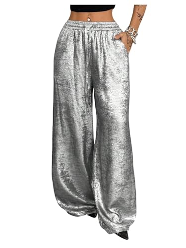 OYOANGLE Womens Metallic Drawstring Waist Baggy Party Pants Wide Leg Oversized Trousers with Pockets Silver Small