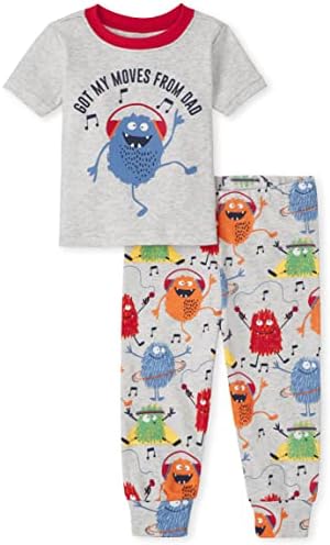 The Children's Place Unisex Baby and Toddler Short Sleeve Top and Pants Snug Fit 100% Cotton 2 Piece Pajama Sets, Monster, 3-6 Months