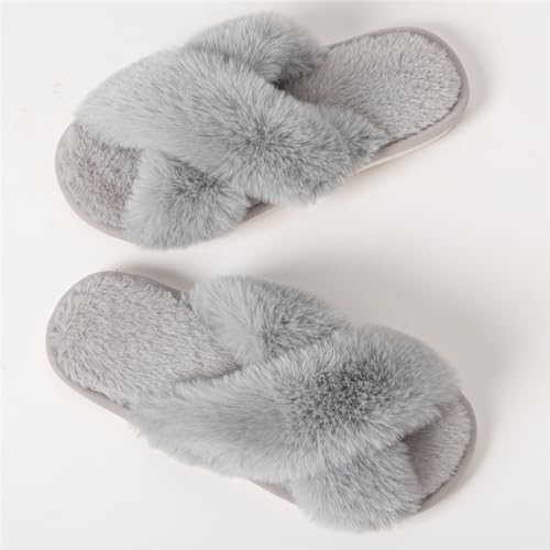 Image of Women's Cross Band Fuzzy Slippers Fluffy Open Toe House Slippers