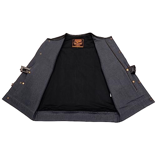 Milwaukee Leather MDM3005 Men's Brute Grey Denim w/Black Perforated Leather Club Style Vest w/Hidden Dual Closure4