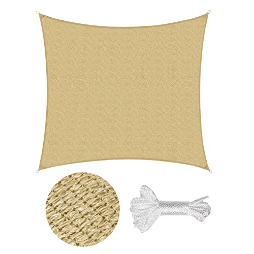 Sekey Sonnensegel 3.6x3.6m, Sonnenschutz, Quadratisch HDPE-Kunststoff, Winddicht Wasserdurchlässig UV-beständig Atmungsaktiv Reißfest, für Balkon Garten, mit Ösen und Befestigungsseile, Sand
