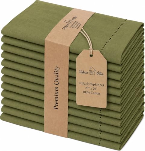 Urban Villa Cloth Napkins 100% Cotton Dinner Napkins Highly Absorbent 20x20 Inches (Set of 12) Olive Green Colour Reusable Washable Soft Durable Premium Napkins Ideal for Home Wedding Parties