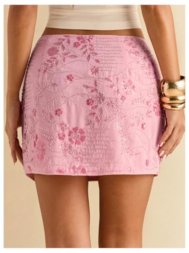 MakeMeChic Women's Summer Floral Sequin Skirt Low Waist Party Mini Skirts3