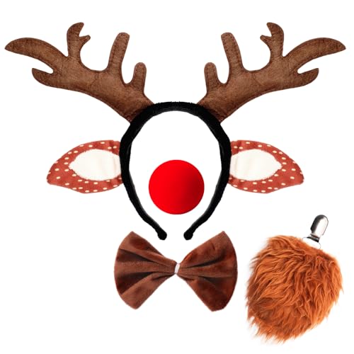 AgagaQx Deguisement Renne Adulte Carnaval, Ensemble Costume de Cerf Festif, Deguisement Cerf Theme Foret, Serre Tete Biche Nez Rouge Nœud Papillon Queue, Déguisement Animaux pour Noël Halloween Fête