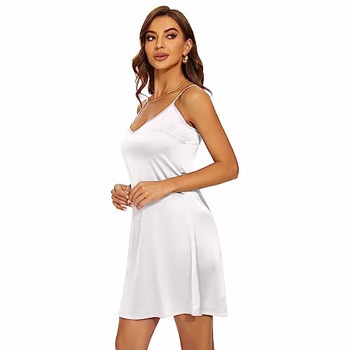 Miqieer Women Lingerie V Neck Nightwear Satin Sleepwear Chemise Mini Silk Nightgown(V-White, Medium) #TOP2