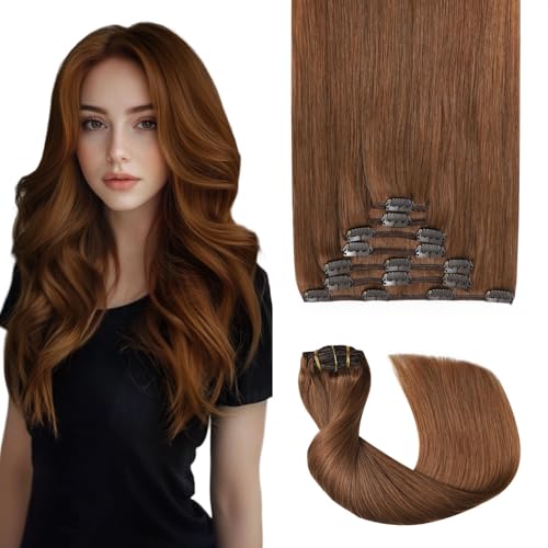 Sweetmet Pro2.0 Remy Real Human Hair Extensions Clip ins 120g Thick 7pcs Color #33 Dark Auburn Copper Remy Clip in Hair Extensions Real Human Hair 16inch Seamless Double Weft for Women#33-16inch