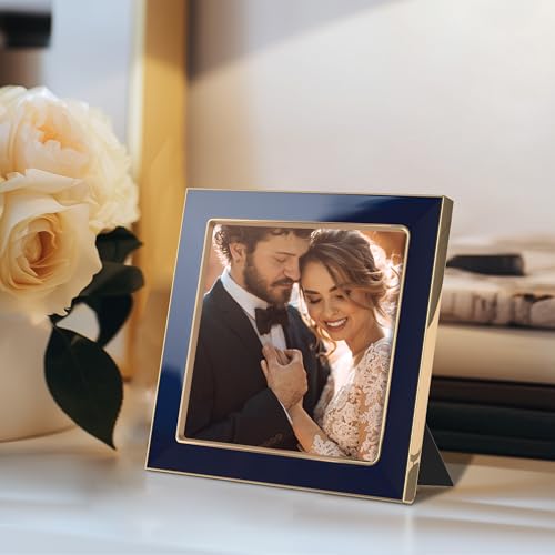 Image of eletecpro 4x4 Enamel Picture Frame with Real Glass Cover, Square Photo Frame with Gold Metal Edge Display Pictures 4 by 4 for Tabletop and Wall Decor, Navy, 1 Pack