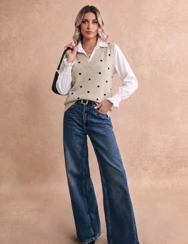 Zeagoo Oversized Sweaters for Women V Neck Knit Sleeveless Pullover Vest Tops, Polka Dots Apricot, Small — view 3