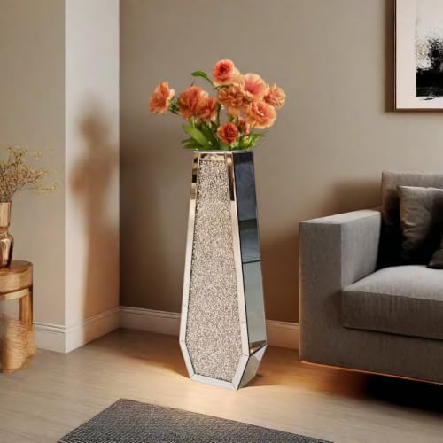 Image of 30" Large Double Sided Crushed Diamond Vases,Tall Silver Mirrored Vase for Floor, Crystal Crush Diamond Decorative Vase for Home,Office,Hotel (Silver,10.6" Lx5.3 W x30 H)