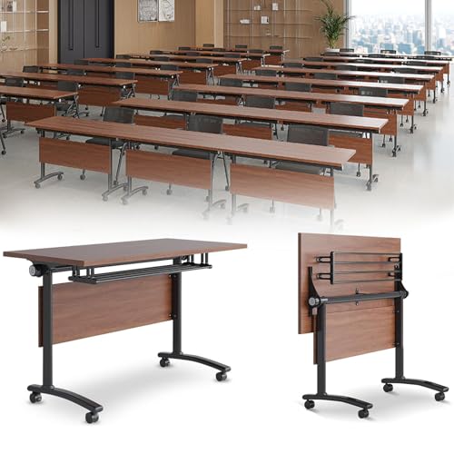 Folding Conference Table, Mobile Training Desk with Silent Wheels Flip Top Rolling Seminar Meeting...
