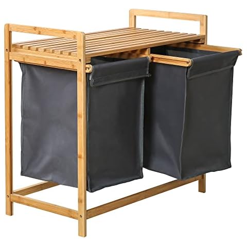 Edaygo Wäschekorb aus Bambus Wäschesammler Wäschetruhe 2 Fächer, mit 2 ausziehbaren Wäschesäcken, 67 x 70 x 36,5 cm (H x B x T), Grau Cover