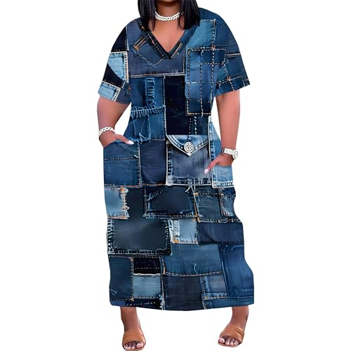 Image of SUZONANA Plus Size Denim Print Shirt Maxi Dresses for Curvy Women Casual Blue Jean Summer Outfits Long Short Sleeve Dress with Pockets Patchwork 4XL