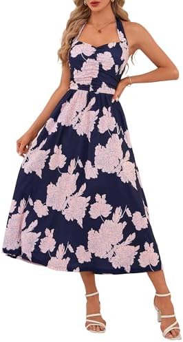 MSBASIC Women's Summer Spring Halter Ruched Midi Dress 2026 Flowy...
