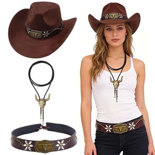 GVMJHYK Chapeau Cowboy Western Complet pour Homme et Femme - Chapeau Vintage Marron Réglable...