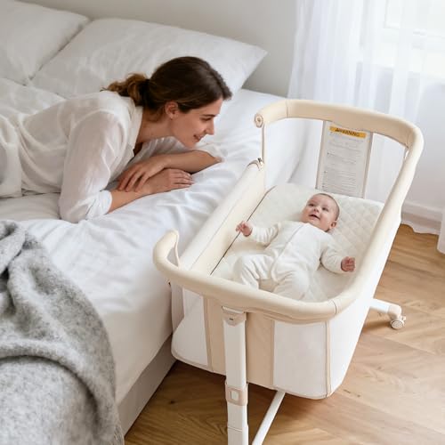 Image of Kinder King Baby Bassinet Bedside Sleeper, Newborn Baby Bedside Crib w/Wheels, All-Sided Mesh, Adjustable Height, Removable Soft Mattress, No Tool to Assemble, Beige