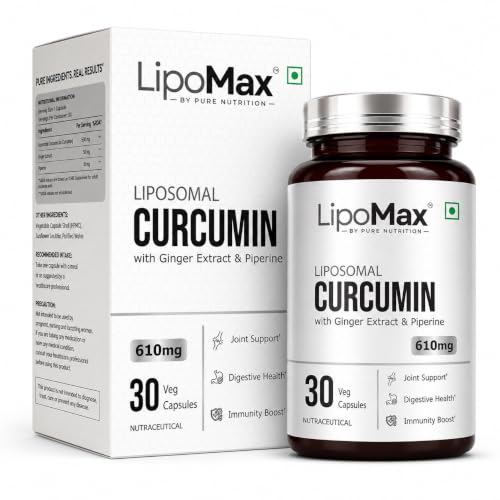 Image of LipoMax Liposomal Curcumin Supplement 610mg | Turmeric Curcumin Capsules With Ginger Extract & Piperine For Joint Health, Antioxidant & Immunity Support - 30 Veg Capsules