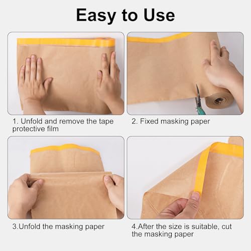 Image of 6 Pack Pre-Taped Masking Paper for Painting - 18 inch x 50 feet Tape and Drape Painters Paper, Paint Adhesive Protective Roll for Covering Skirting, Frames, Cars (6 Rolls) with ONE Dispenser