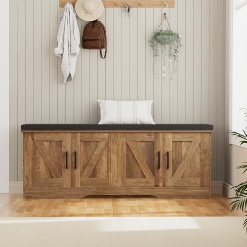 Image of HOMSHO Farmhouse Shoe Storage Bench with 4 Barn Doors & Padded Seat Cushion | 47.2 inch Wide Entryway Bench with Adjustable Shelves & Hidden Storage, Rustic Walnut