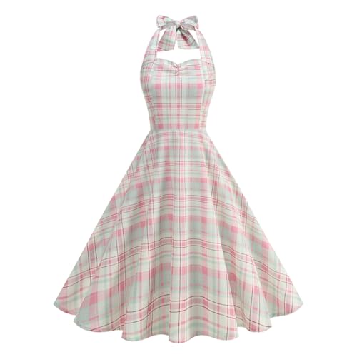 Women's Plaid Halter Neck Dress 1950s Vintage Sleeveless Swing Casual Elegant Cocktail Dress Fashion Summer Clothes S-2XL Pink