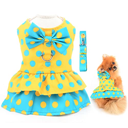 SMALLLEE_LUCKY_STORE Dog Harness Dress with Leash Set,Puppy Bow Princess Dress for Small Medium Dog Cat Girls Puppy Dress with D-ring Female Dog Clothes Summer Pet Apparel,Yellow Dots,S