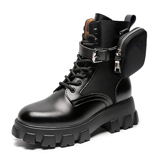 Plateau Combat Stiefeletten Damen Leder Schnürstiefeletten Blockabsatz wasserdichte Kurzschaft Biker-Stiefel Mit Abnehmbarer Tasche