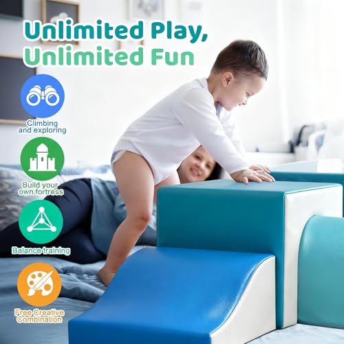 Image of Sumbababy Foam Climbing Blocks for Toddlers: with a Tunnel - 4 PCS Foam Blocks - Kids Indoor Climbers Play Structures Play Gym Soft Climber with Slide and Stair Soft Playground Green
