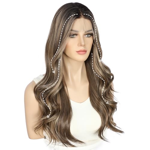 Sapphirewigs Brown Lace Front Wig 13x4 Highlight Synthetic Wigs Body Wave Brown Lace Front Hair Pre-plucked Daily Wear Party Date Christmas 22 inch - Image 4