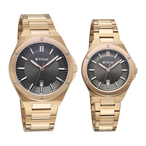 Image of Titan Modern Bandhan Pair Analog with Black Dial Carnation Gold Stainless Steel Strap Watch for Couples - 9401694216WM01