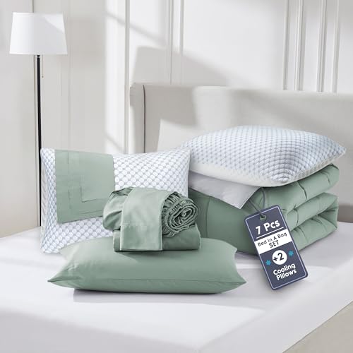 Nestl 9 Piece California King Comforter Set – Sage Green Reversible Bed in a Bag – Complete Cal King Size Bedding Set with Sheets, Set of 2 Cooling Pillows, Pillowcases and Shams