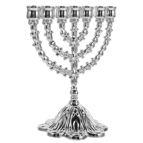 ABOOFAN Hanukkah Menorah 7-branch Candle Holder Alloy Jewish Tealight Stand Vintage Temple Candelabra Antique Menorah Candlesticks for Hanukkah Ceremony Decorations Silver