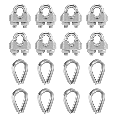 sourcing map Juego de 8 abrazaderas de clip de cable de cuerda de alambre de 1/8 pulgadas M3 pequeñas de acero inoxidable 304 con perno en U, accesorios con dedal para aparejos seguros, tendedero