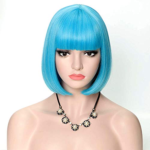 COSYMAY Short Women Wig 12 inch Synthetic Bob Wig Light Blue Cosplay Wig with Bangs Heat Resistant Costume Wig