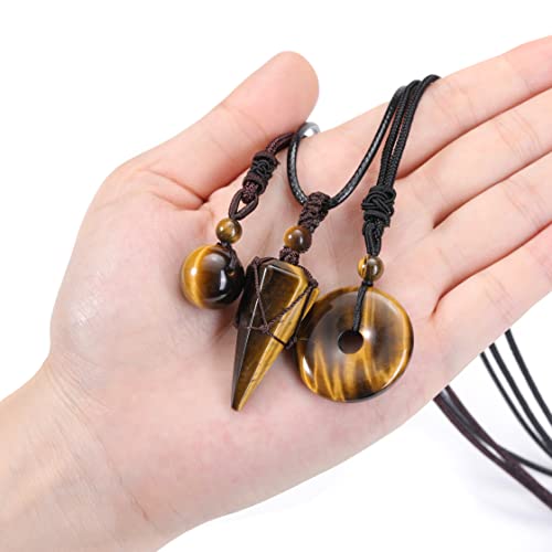Jovivi 3 Pcs Tiger Eye Crystal Stone Necklaces Set For Men Women Natural Healing Gemstone Hexagonal Bead Donut Necklace Adjustable Rope Crystal Chakra Pendant Jewelry For Reiki Energy Protection #TOP2